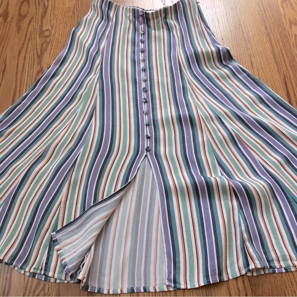 Anthropologie Maeve Satin Purple Green striped Button Front A-line Midi Skirt - Picture 2 of 16